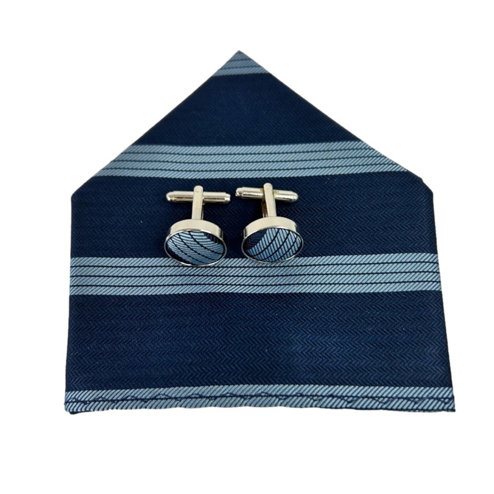 Blue Striped Pocket Square with Cuff Links